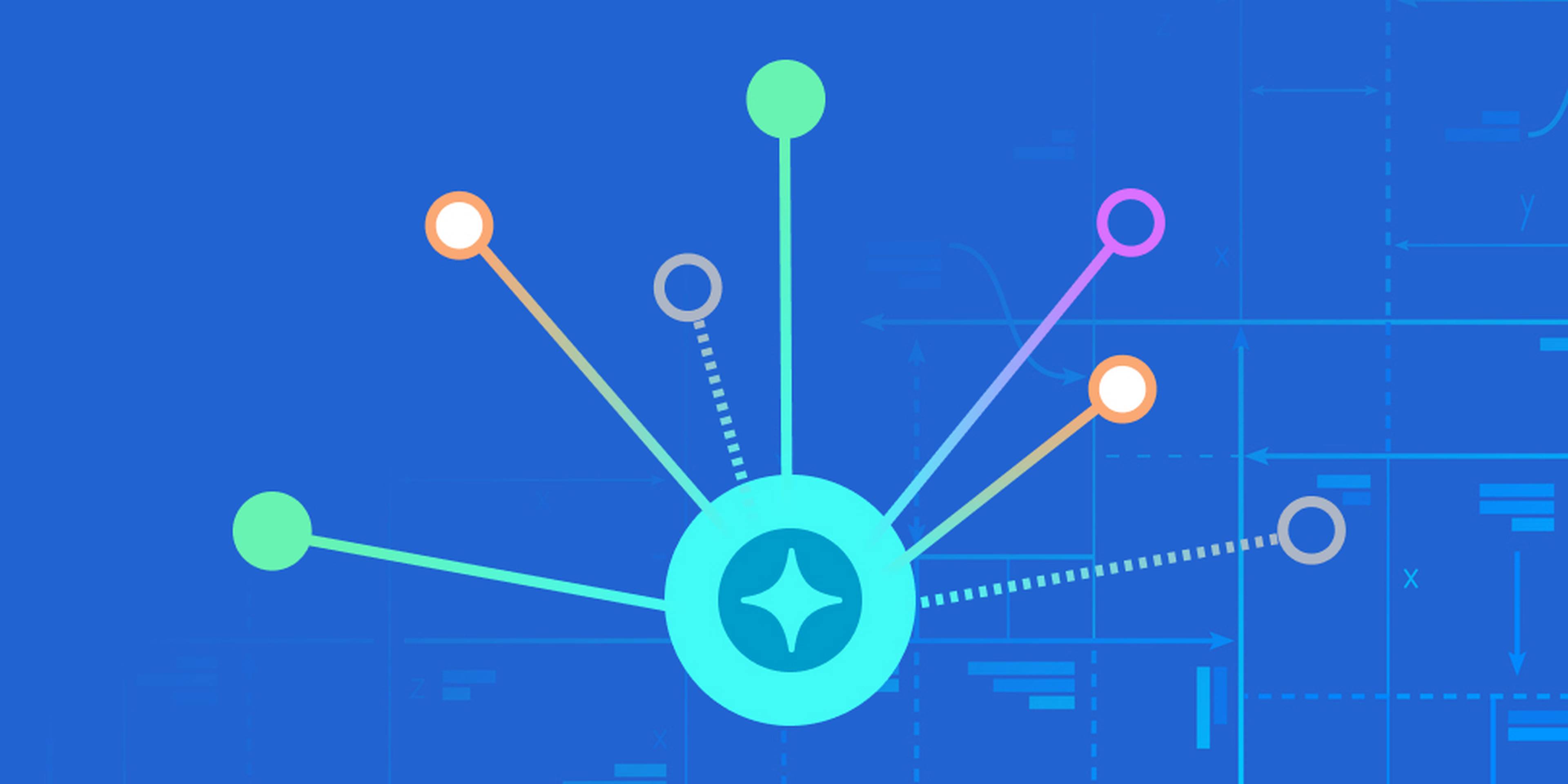 A blue circle with a starburst center, connected to lines ending in colorful dots, on a blue background with abstract geometric patterns.