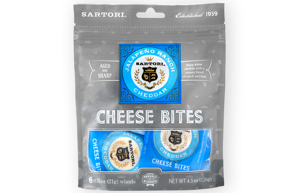 Sartori Jalapeño Ranch Cheddar Cheese Bites packaging, featuring aged and sharp cheddar in blue and clear pouch, 4.5 oz, 6 pieces.