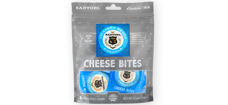 Sartori Jalapeño Ranch Cheddar Cheese Bites packaging, featuring aged and sharp cheddar in blue and clear pouch, 4.5 oz, 6 pieces.