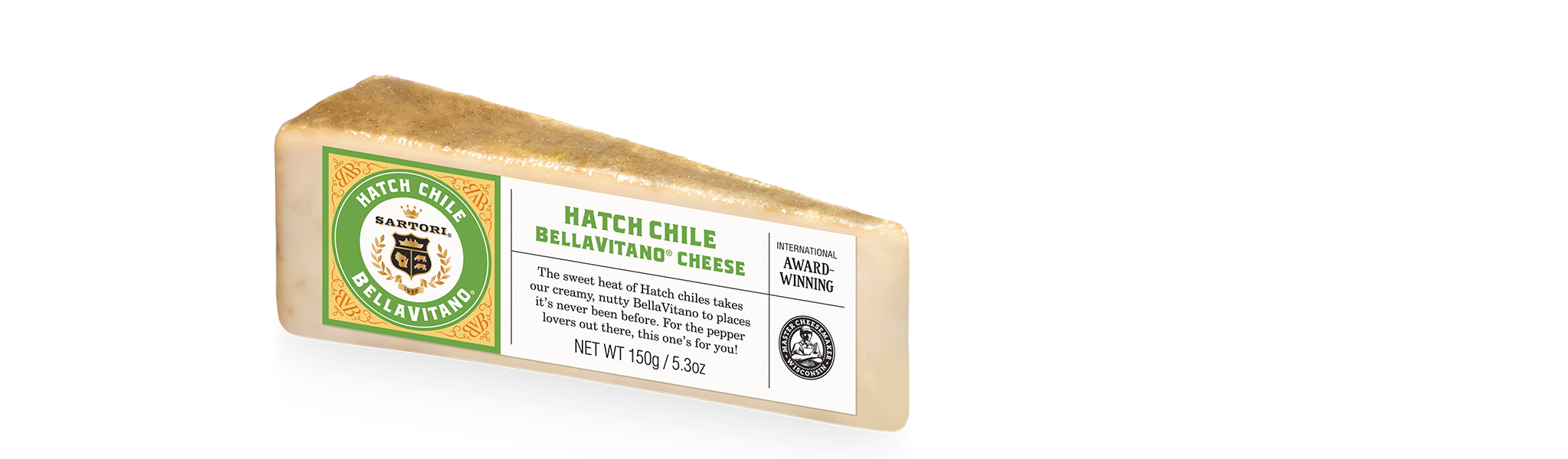A wedge of Sartori Hatch Chile Bellavitano cheese with green label, weighing 150g/5.3oz, displayed on a white background.