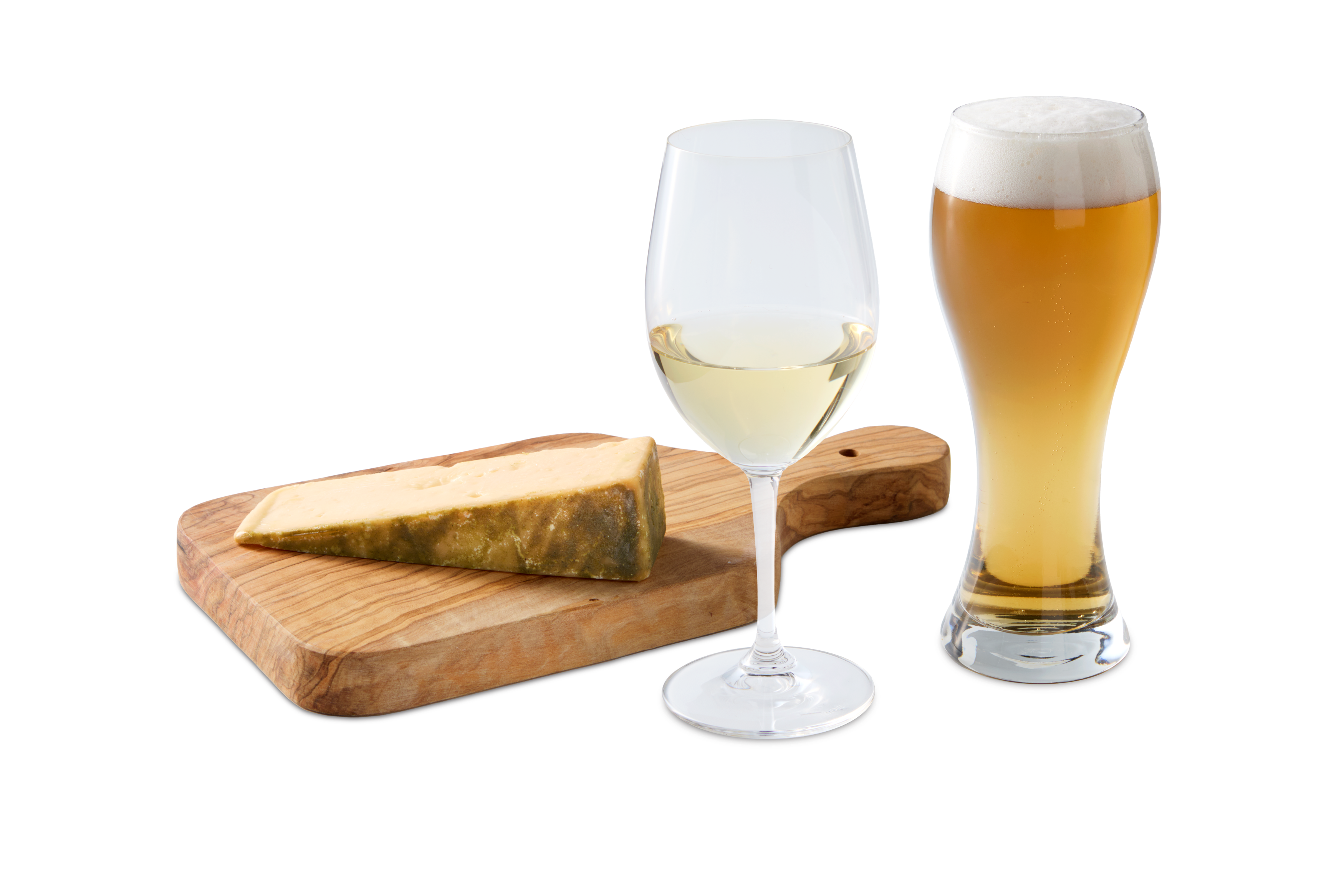 A wedge of cheese on a wooden board, a glass of white wine, and a glass of beer with a frothy head on a white background.