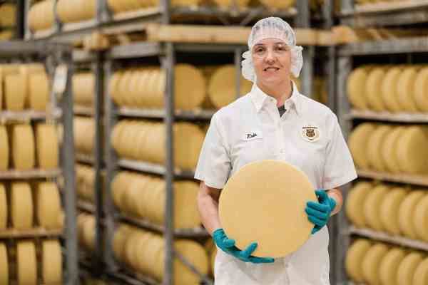 Person wearing a hairnet and gloves holding a wheel of cheese in a cheese storage room with shelves lined with more cheese wheels.