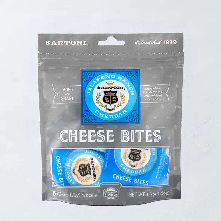 Package of Sartori Jalapeño Ranch Cheddar Cheese Bites, 6 wheels, net weight 4.5 oz, labeled "Aged and Sharp."