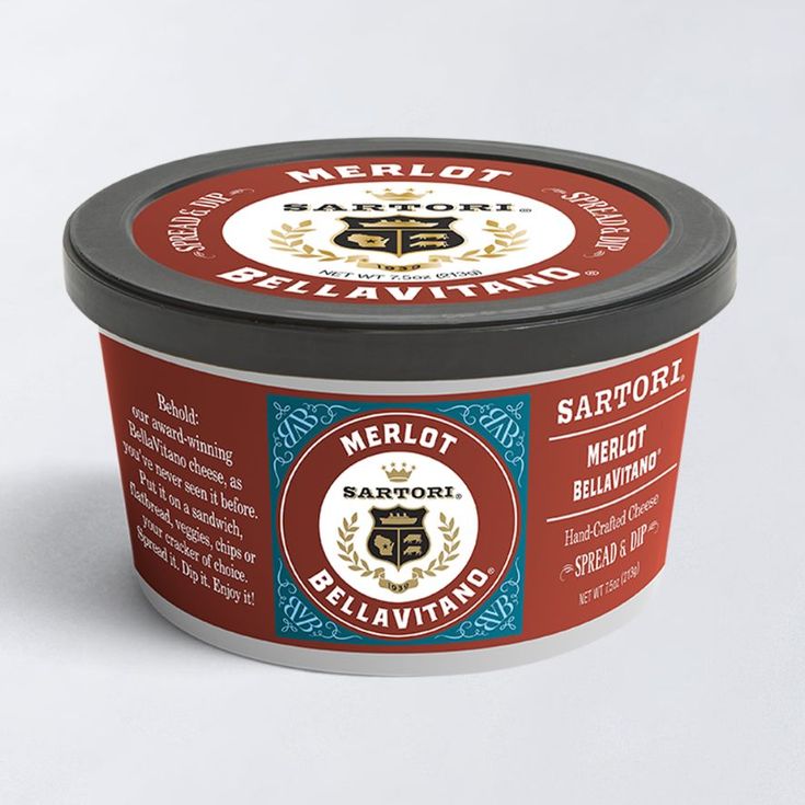 Round container of Sartori Merlot BellaVitano cheese spread with a red and blue label, featuring the brand logo and product details.