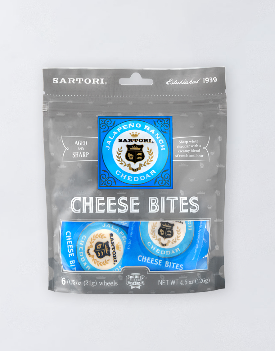 Pack of Sartori Jalapeño Ranch Cheddar Cheese Bites, featuring 6 aged cheddar wheels, 4.5 oz total.