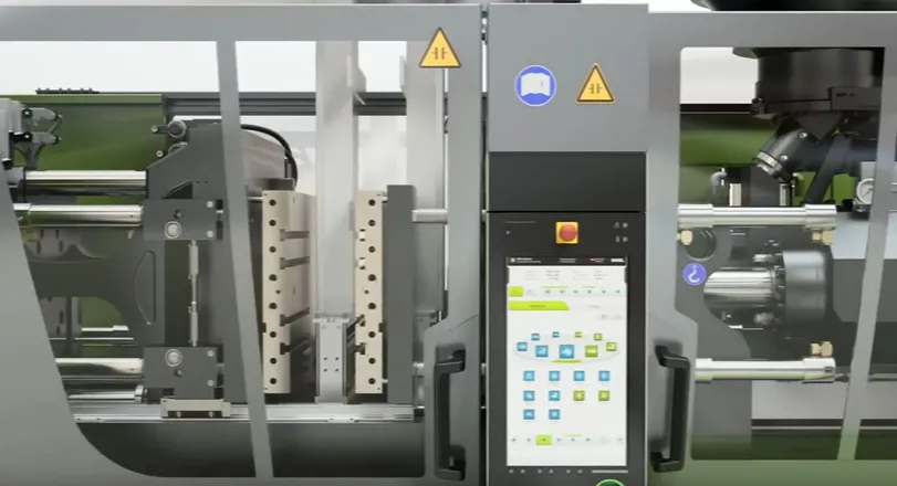 Video shows elast injection moulding machine with horizontal clamping unit