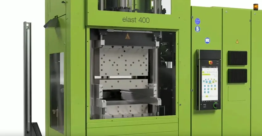 Video ukazuje vstřikovací stroj elast s vertikální uzavírací jednotkou
