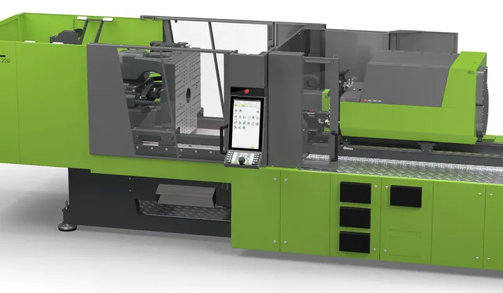 Picture shows electric, tie-bar-less victory electric machine from ENGEL