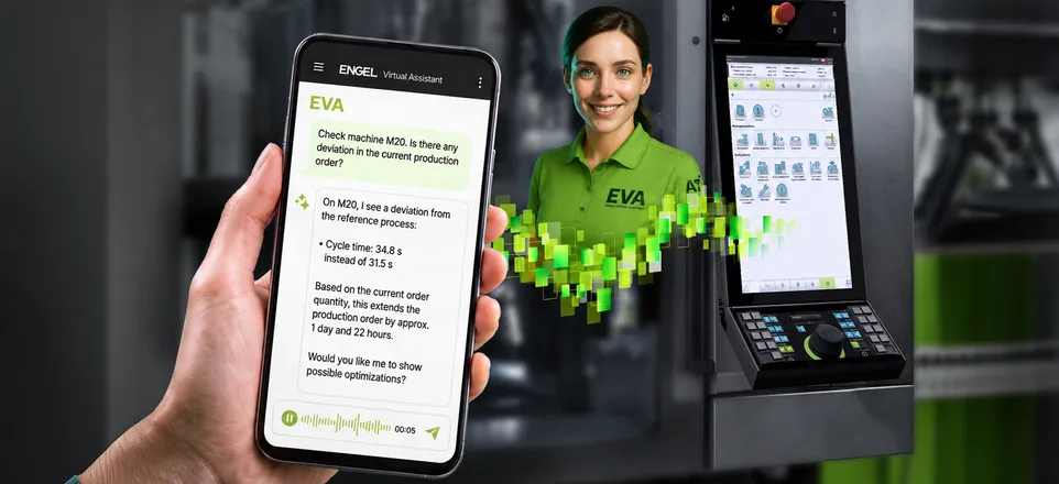Das Bild zeigt den ENGEL Virtual Assistant EVA, der auf einem Smartphone-Display eine erkannte Prozessabweichung an der Spritzgießmaschine anzeigt und eine Optimierung vorschlägt.