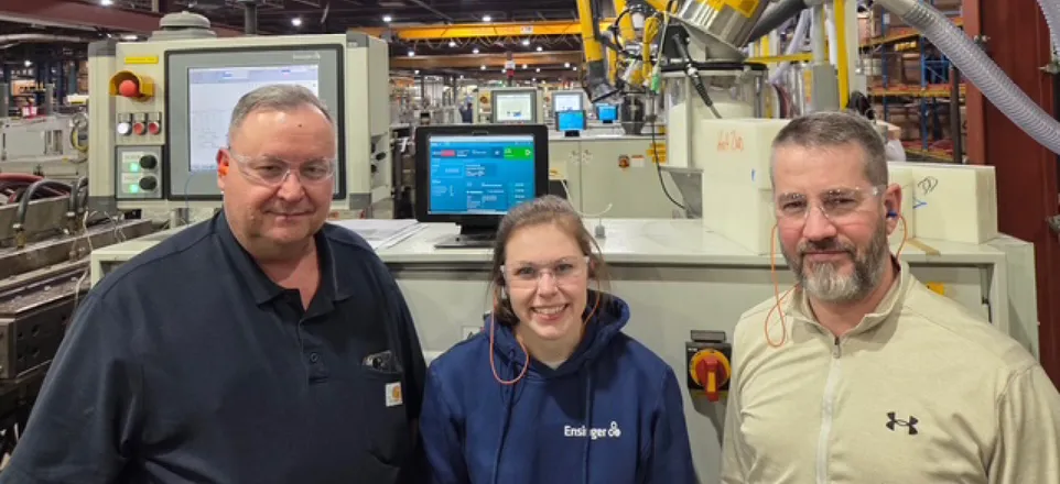 Image showing Daniel Bertovich, Plant Manager; Morgan Devlin, Manufacturing Engineer; and David Lloyd, Production Manager on the Ensinger shop floor
