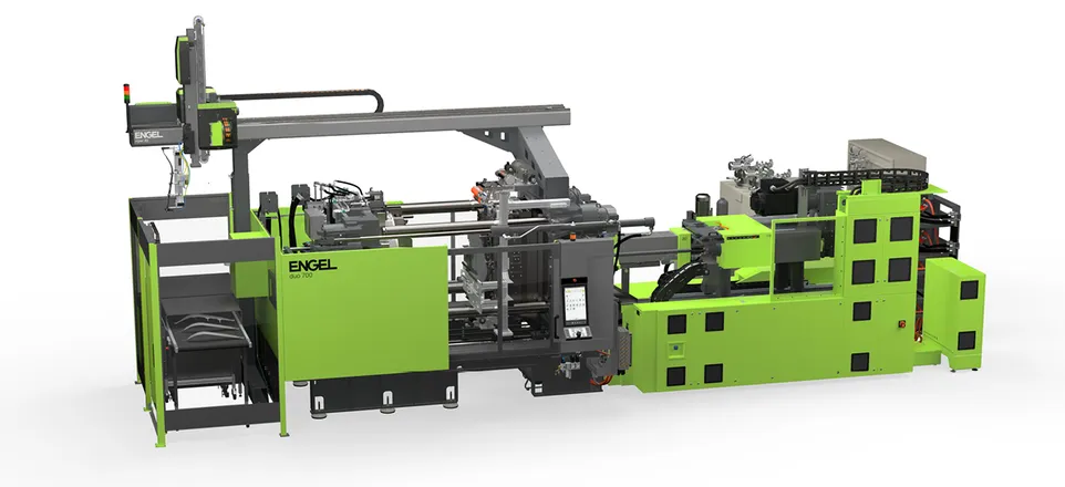Image shows a green ENGEL duo injection molding machine with viper linear robot.
