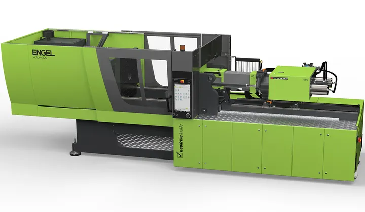 Obrázek ukazuje bezsloupkový vstřikovací stroj ENGEL