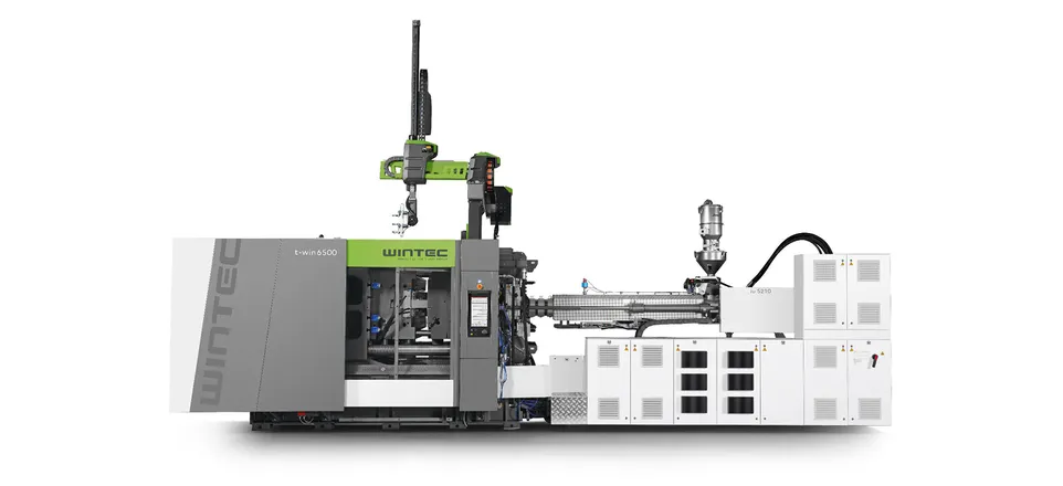 Bild zeigt eine weiß-graue WINTEC t-win Spritzgießmaschine
