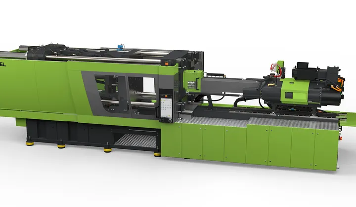 Picture shows toggle injection moulding machine for the production of plastic closures