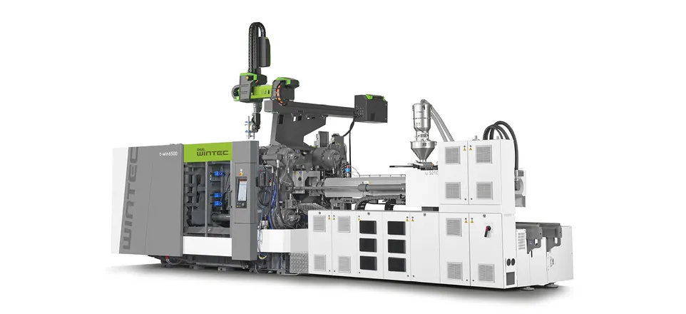 Bild zeigt weiß-graue t-win Zwei-Platten-Spritzgießmaschine von WINTEC