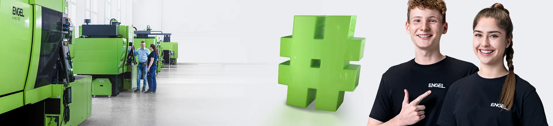 Graphic shows ENGEL apprentices in front of an injection moulding machine