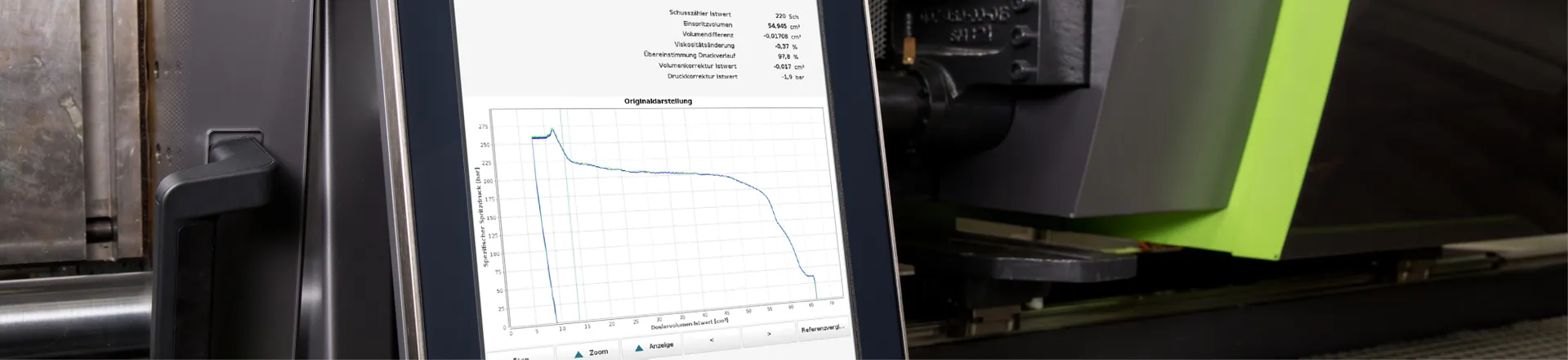 Image shows iQ weight control software on ENGEL injection molding machine controller