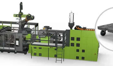 Picture shows injection moulding machine and dolly pallet made from recycled plastic flakes