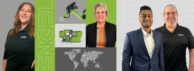 Picture shows ENGEL employees in front of an injection molding machine