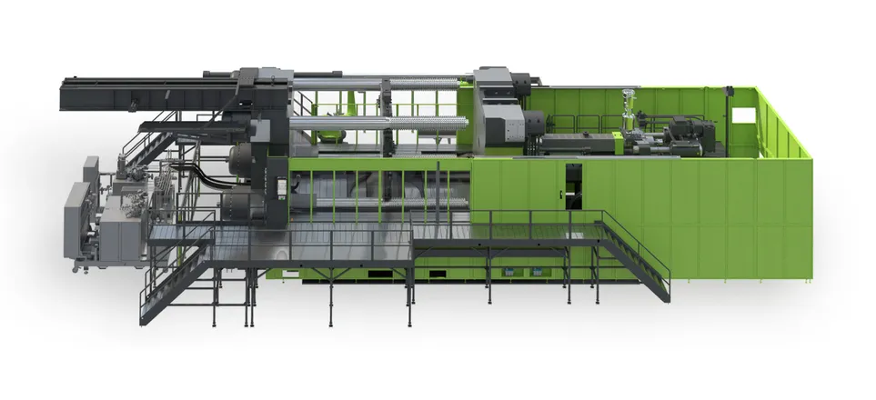 Image shows a green ENGEL duo combi M two-platen injection moulding machine with a clearmelt system