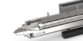 Picture shows front part of a plasticising unit from ENGEL