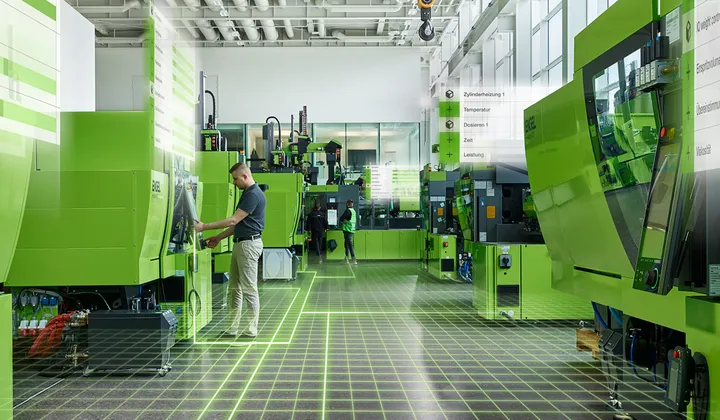 La imagen muestra las soluciones digitales de ENGEL para la producción de moldeo por inyección