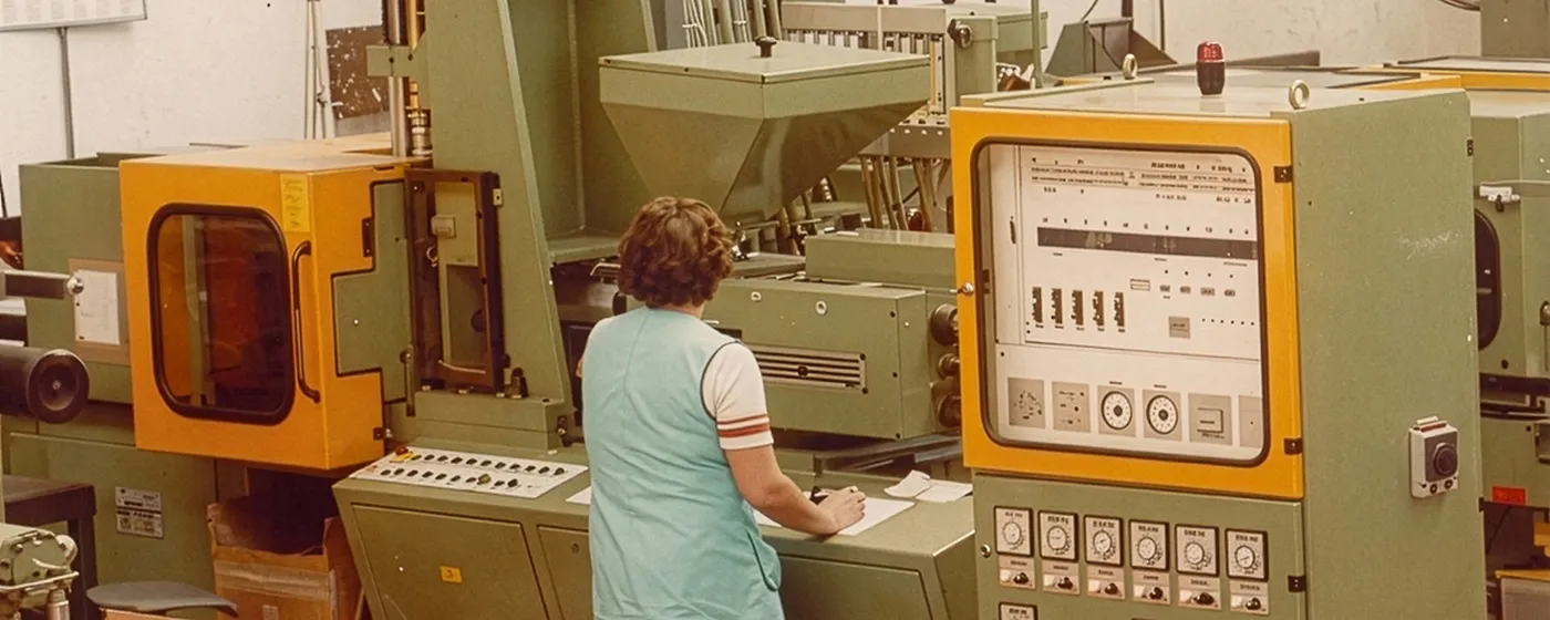 L’image montre une femme de dos devant la première presse à injecter bi-matière en France