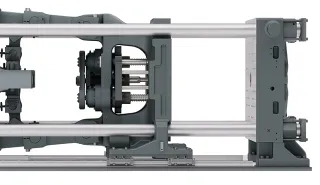 Bild zeigt kompakte Schließeinheit der e-win Spritzgießmaschine von WINTEC