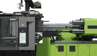 Picture shows servo-electric injection unit of hybrid large-scale machine from ENGEL