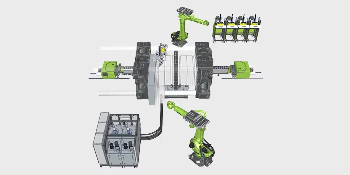 Bild zeigt komplexe Anlagentechnik für die Herstellung von PUR-Bauteilen in einem Prozess