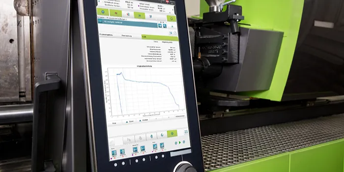 Picture shows control unit of an ENGEL injection moulding machine