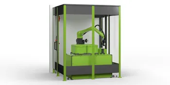 Picture shows green articulated arm robot from ENGEL