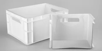 Picture shows box made of plastic with recycled material