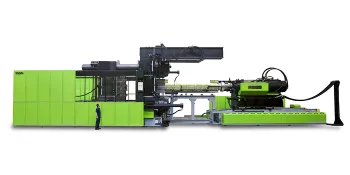 Picture shows tie-bar-less victory with widened slide guard and fan on the injection unit for PCV-U processing