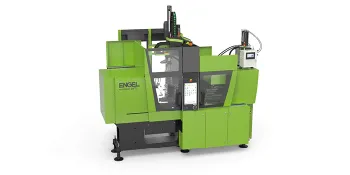 Picture shows electric tie-bar-less injection moulding machine from ENGEL