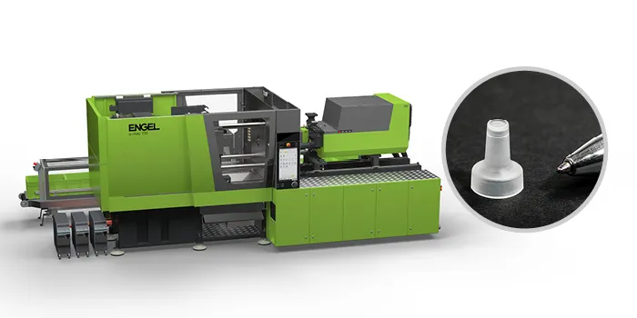 Picture shows electric injection moulding machine from ENGEL with temperature control units