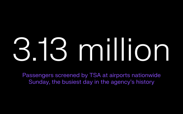 3.13 million passengers screened by TSA at airports nationwide Sunday, the busiest day in the agency's history