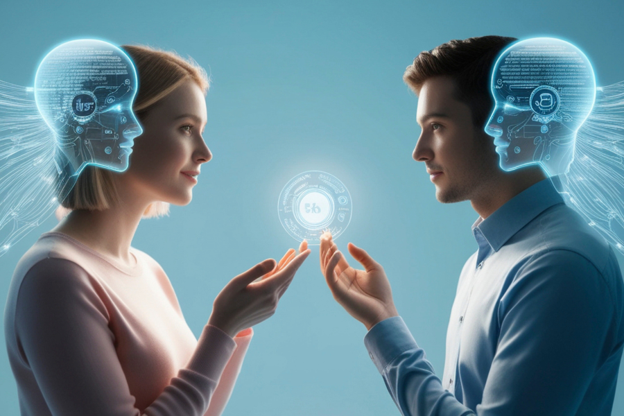 A woman and man face each other, holding a glowing digital interface, with virtual holographic elements surrounding their heads.