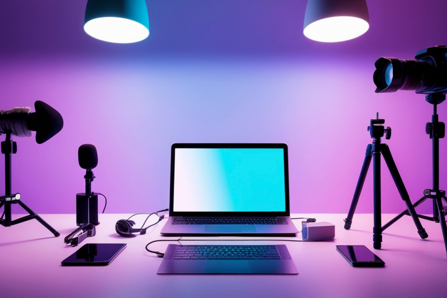 A desk setup with a laptop, surrounded by gear including a camera on a tripod, two different microphones and two spotlights