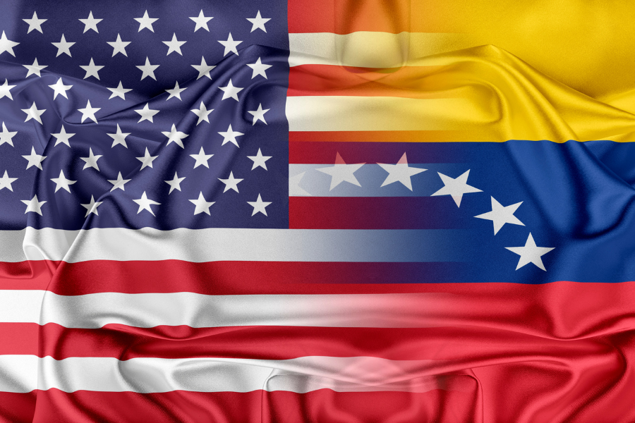 Wavy flags of the United States and Venezuela combined, showing elements from both flags with stars and stripes, in a blended design.