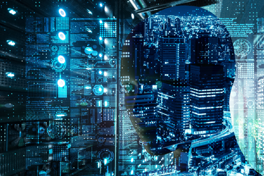 Silhouette of a human head filled with digital data and cityscape, symbolizing artificial intelligence and urban technology integration.