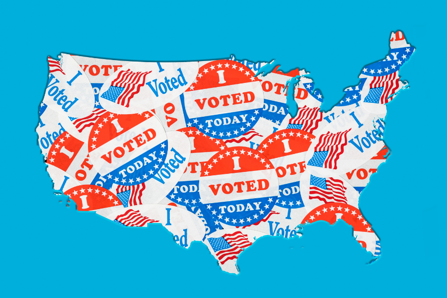 Map of the USA filled with red, white, and blue "I Voted Today" stickers against a light blue background.