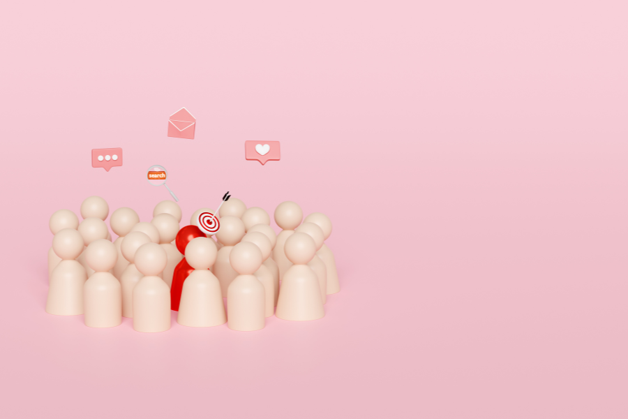 A group of stylized human figures surrounds a red figure with social media icons above, on a pink background.
