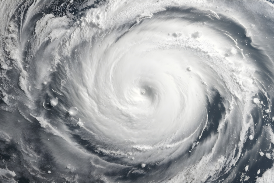 Satellite view of a powerful cyclone swirling over the ocean, with a well-defined eye and spiraling cloud bands.