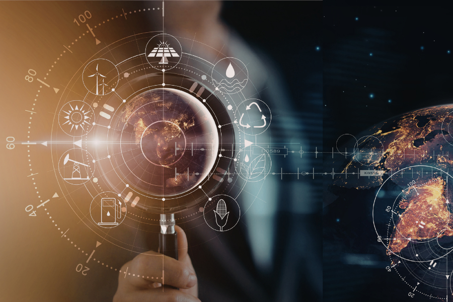 A person holds a magnifying glass over a digital Earth with environmental icons and data visualizations surrounding it.