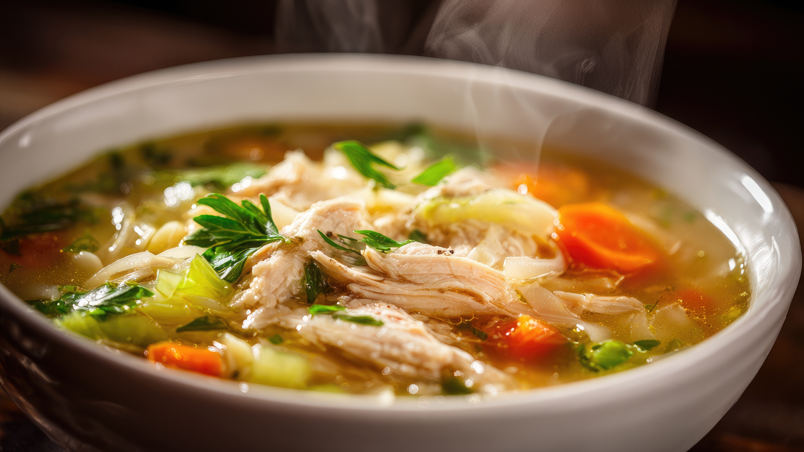 Steaming bowl of homemade chicken noodle soup with shredded chicken, carrots, celery, parsley and clear golden broth