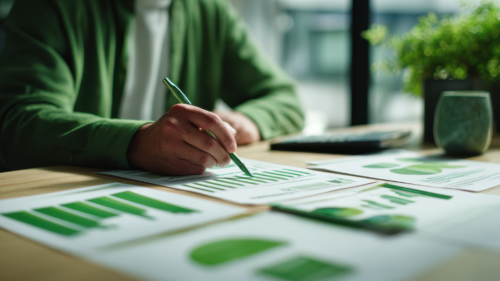 Person analyzing green charts and graphs on a desk, using a pen. A potted plant and a calculator are visible in the background.