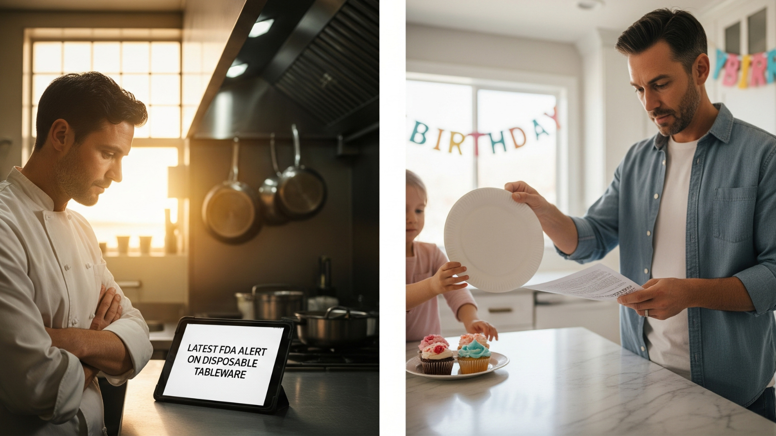 Split image: Left shows a chef reading an FDA alert on a tablet in a kitchen. Right shows a man holding a disposable plate near a birthday setup.