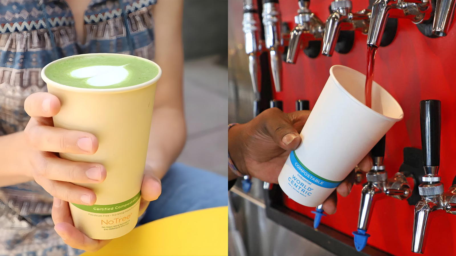 A person holds a green latte in a compostable cup, while another hand fills a similar cup from a beverage tap on a red background.