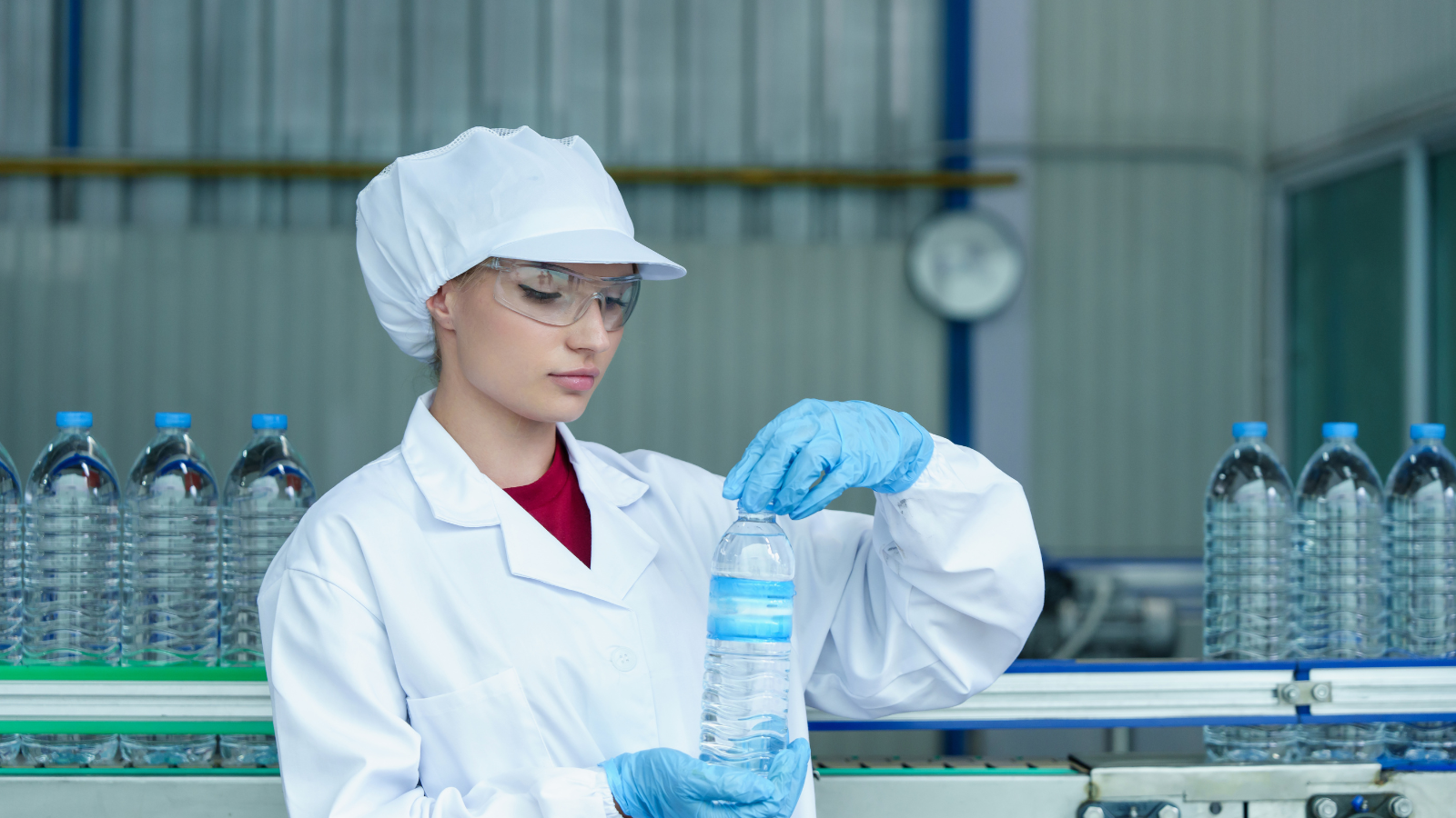 A technician wearing a white hygiene suit and blue gloves for quality assurance inspects a bottled water on a production line, surrounded by more bottled water.
